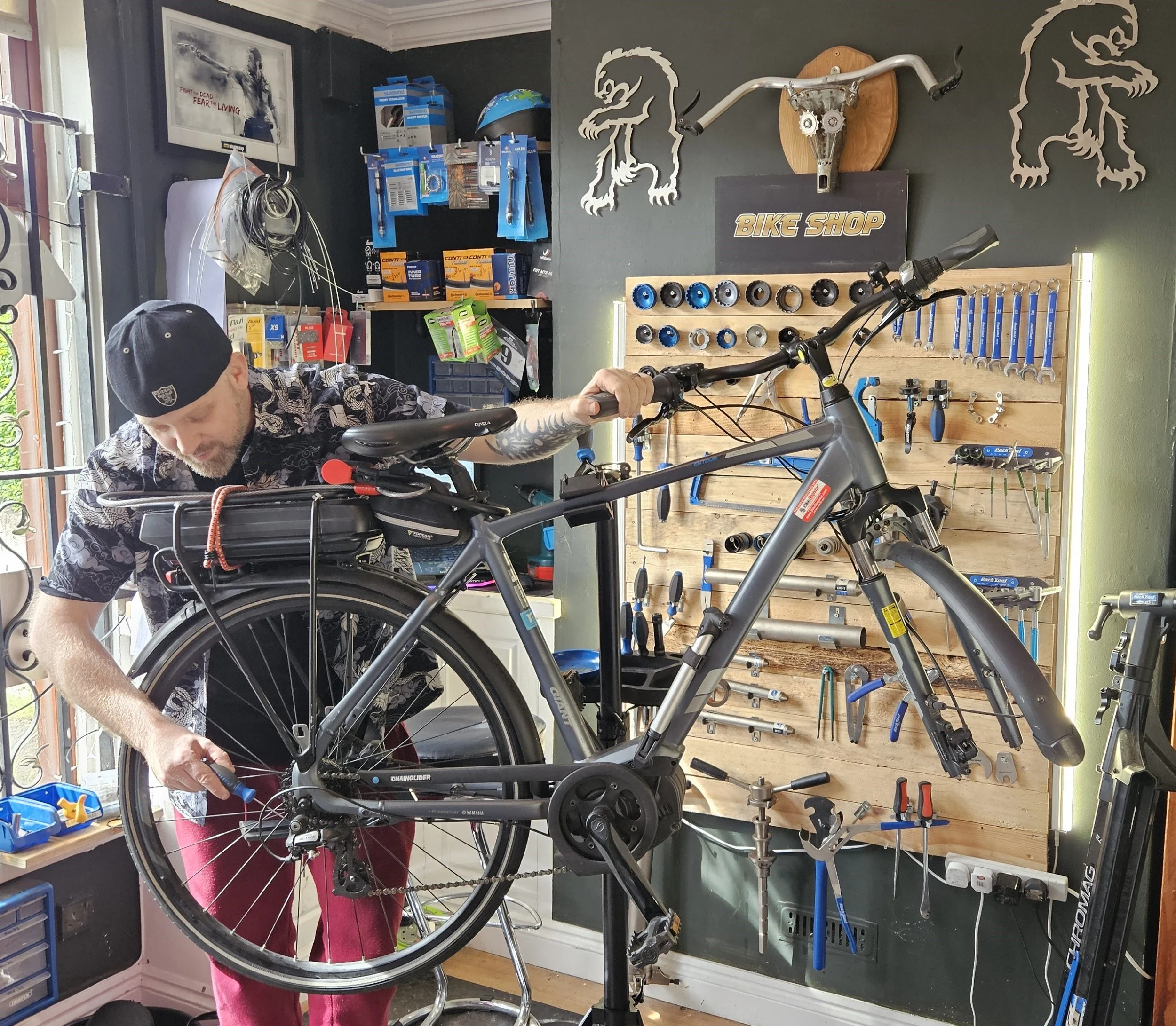 Bicycle in a repair workshop ready for a professional tune-up