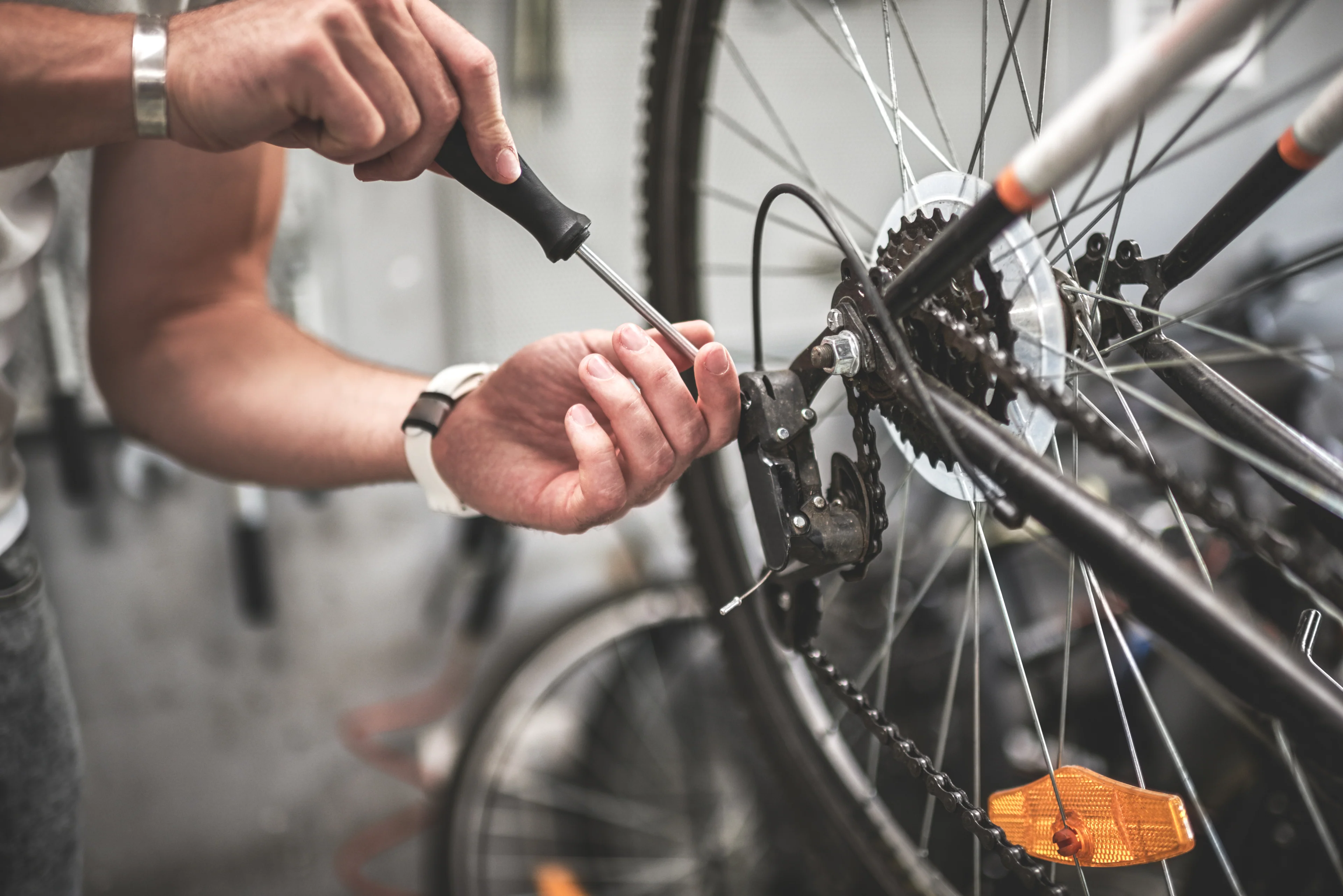Bicycle mounted on a service stand for a comprehensive maintenance and safety check